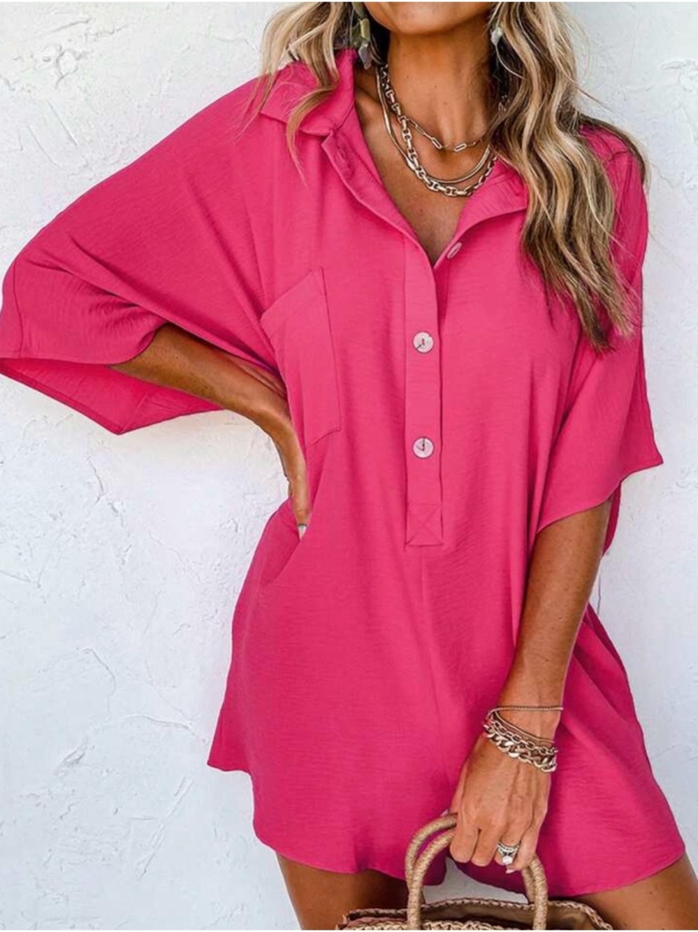 SHEIN Bright Red Short-Sleeve Button-Down Top with Pocket